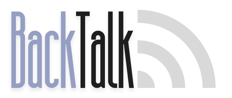 Logo of 'BackTalk' featuring stylized text with a blue and black color scheme, accompanied by sound wave graphics.